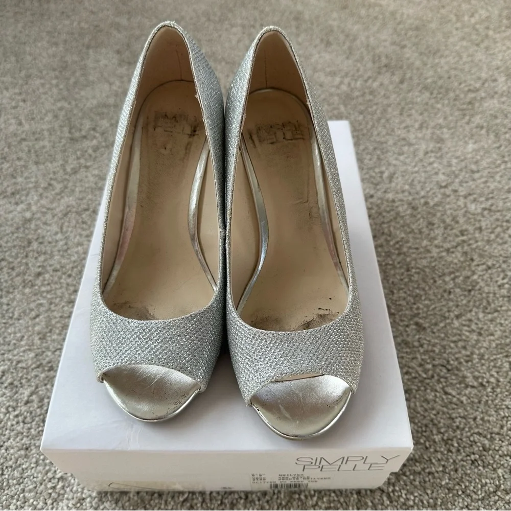 Simply Pelle Wendie Silver Glitter Wedge Peep Toe Heels Size 5.5